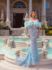 baby blue dress featuring feather details