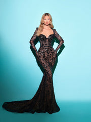 black lace dress featuring a long tail