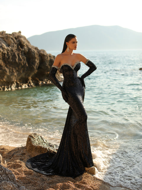 glitter dress with gloves Portia & Scarlett Long Velvet Sequin Prom Gown PS23521 NO GLOVES 18 / Turquoise