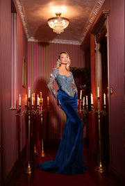 blue dress featuring long sleeves