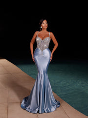 blue evening gown featuring a rhinestone corset and a lycra bottom