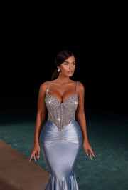 blue evening gown featuring a rhinestone corset and a lycra bottom