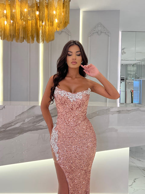 blush pink sequin evening gown