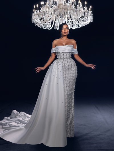 bridal dress featuring an off-shoulder neckline