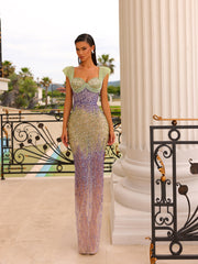 green and purple evening gown