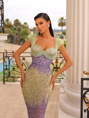 green and purple evening gown