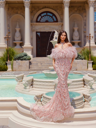 light pink dress featuring feather details