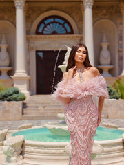 light pink dress featuring feather details