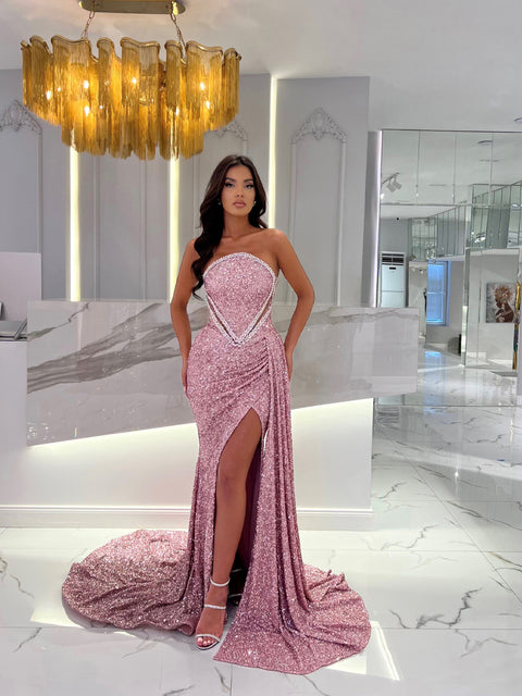 light pink sequin evening gown