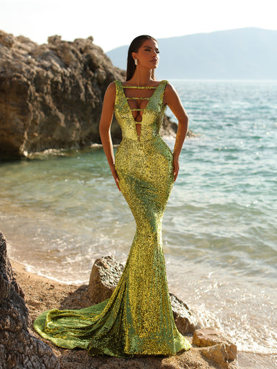 lime green sequin evening gown