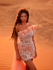 mini peachy dress with a side train