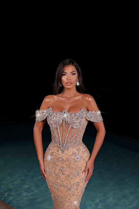 nude evening gown with silver details