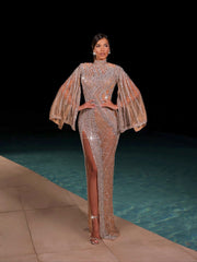 nude evening gown featuring a side slit