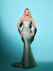sage lycra dress featuring a strapless neckline and a mermaid shape