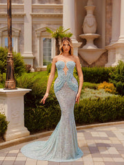 sage evening gown featuring a long tail
