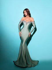 sage dress featuring a mermaid shape