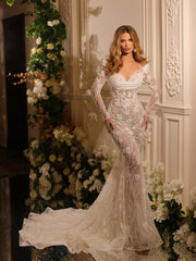 bridal gown featuring a long train