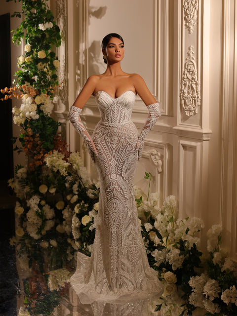bridal gown featuring opera gloves