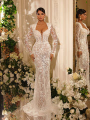 bridal gown featuring long sleeves